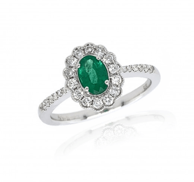9ct White Gold Diamond Oval Scallop Emerald Ring
